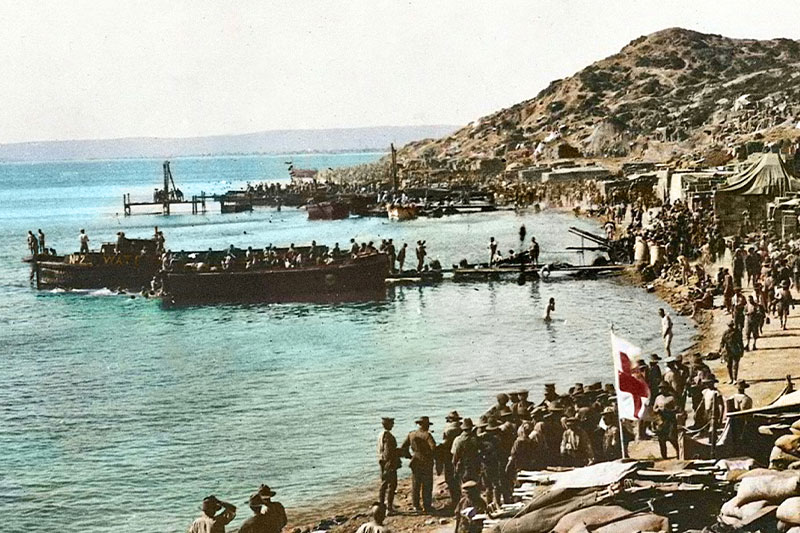 Historic image of troops and vessels at Gallipoli during the First World War campaign.