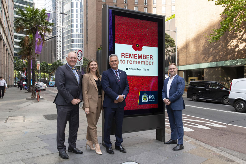 The Hon. David Harris MP, NSW Minister for Veterans; Elizabeth McIntyre, CEO, Outdoor Media Association; Jon Black, former CEO, RSL NSW; Elliott Devine, General Manager (NSW), QMS  